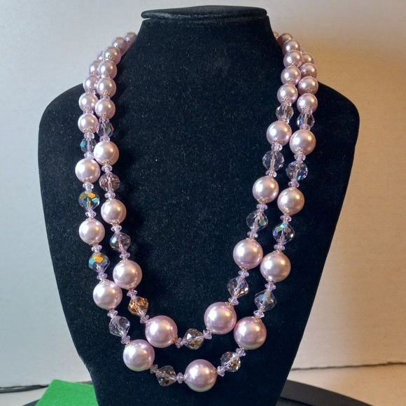Pink Double Strand Beads and Faceted Iridescent Beaded necklace - Picture 1 of 7